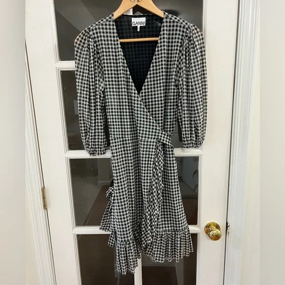 GANNI Gingham Ruffled Mesh Mini Dress In Black - Size 34 US 2 - Picture 3 of 9